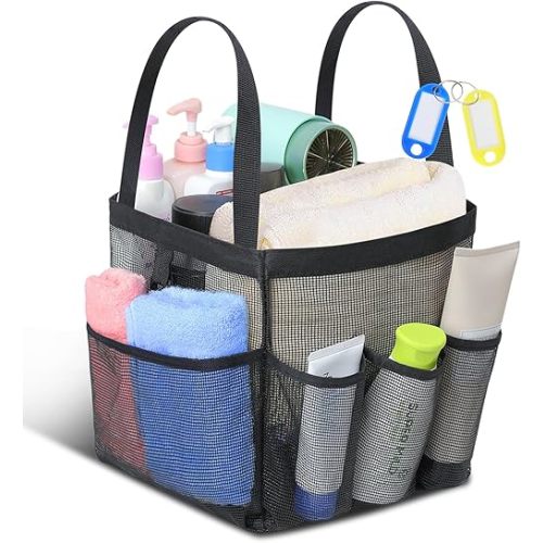 Temede Mesh Shower Caddy Tote, Large Shower Caddy Basket Portable, Quick Dry Hanging Toiletry Bag, 8 Storage Pocket Handle Bath Organizer for College Dorm, Gym, Camp, Travel