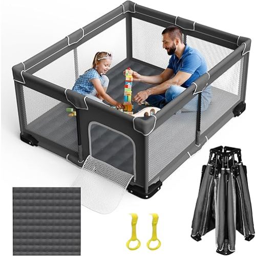 Foldable Baby Playpen with Mat, Large Foldable Playpen for Babies and Toddlers, Folding Baby Activity Center, Portable Play Yard with 2 Handlers + Suitable Size Mat(Grey, 59x71 inches)