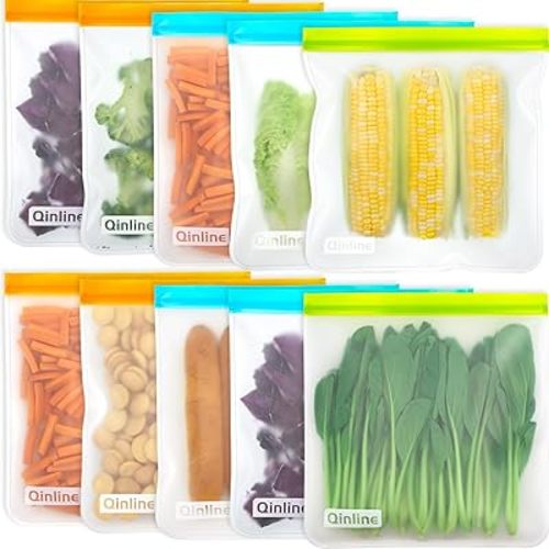 Reusable Gallon Food Storage Bags - 10 Pack Reusable Gallon Freezer Bags, Extra Thick Leakproof Silicone & Plastic Free Reusable Lunch Bag for Marinate Meats, Sandwich, Snack, Travel