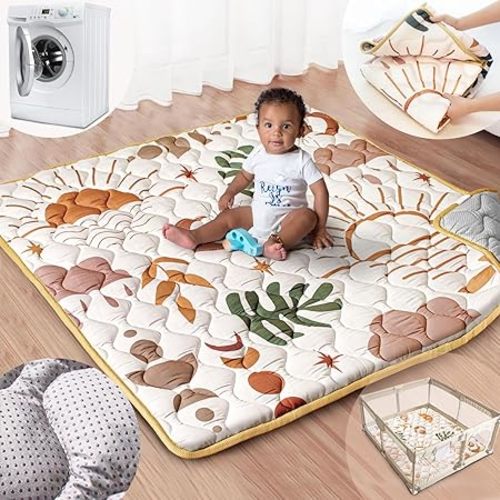 Beavtaens Baby Play Mat, 50x50 Playpen Mat with Super Soft Touch, Activity Mat with Upgraded Anti-Slip Bottom, Machine Washable Crawling Mat for Floor & Picnic(Boho Nature)
