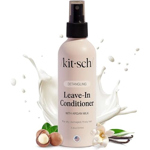 Kitsch Argan Milk Leave In Conditioner Spray – Lightweight Moisturizing Hair Spray for Women and Men - Hair Detangler Spray for Curly, Wavy, Fine, Dry & Damaged Hair - Silicone-Free - 6.8oz