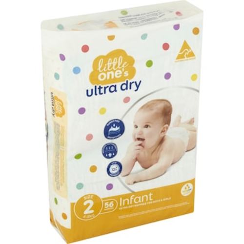 Little One's Size 2 Ultra Dry Nappies Infant 4-8Kg Boys & Girls 56 pack | Woolworths