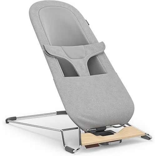 UPPAbaby Mira Bouncer/Portable 2-in-1 Bouncer + Seat Grows with Your Baby/GREENGuard® Gold, JPMA + FSC® Certified/Cozy Seat Liner + Storage Bag Included/Stella (Grey Mélange/Silver Chrome/Maple Wood)