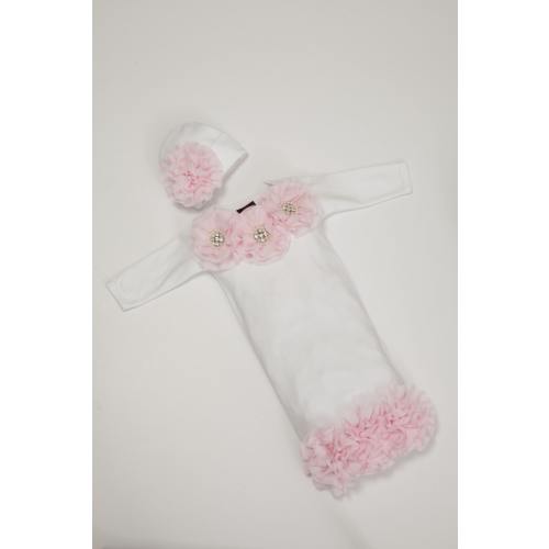 White Infant Baby Layette White Cotton Baby Gown with Light Pink Chiffon Flowers and Rhinestones