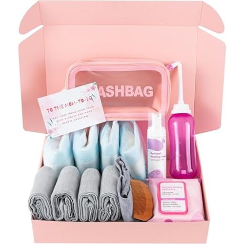 Postpartum Essentials Recovery Kit for Labor,Delivery - Peri Bottle,Disposable Postpartum Underwear,Perineal Healing Foam,Instant Ice Pads,Cooling Pad Liners,Socks,Birth Comb,Portable Bag