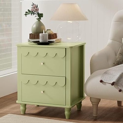 Green Nightstand Side End Table with 2 Drawers, Modern Night Stand with Petal Pattern for Bedroom, Scalloped Bedside Night Tables with Solid Wood Legs