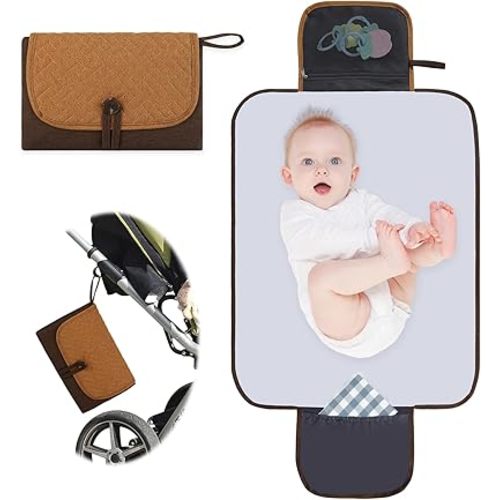 Portable Changing Pad for Baby, Foldable Travel Diaper Changing Pad, Large Waterproof Baby Changing Mat, Newborn Essentials Must Haves, Baby Shower Gifts for New Mom(Brown)