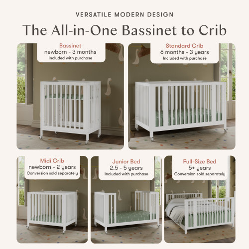 Rolli 9-in-1 Convertible All-Stages Crib with Bassinet & Toddler Bed Conversion Kits - White
