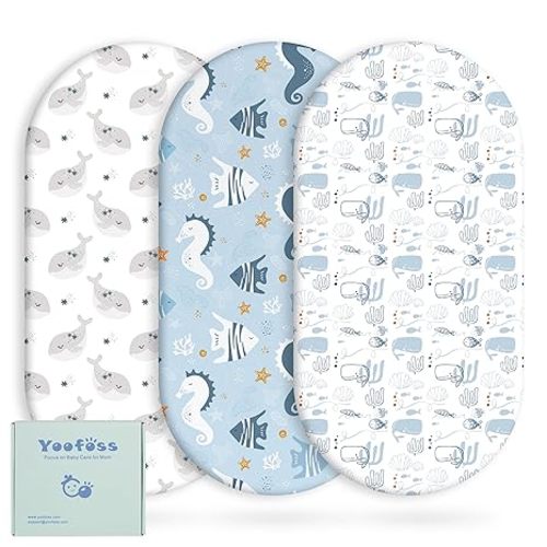 Yoofoss Bassinet Sheets for Baby,3-Pack Fitted Bassinet Sheets Set Compatible with Halo Bassinest Swivel Sleeper,Baby Delight,Angelbliss,Soft Breathable Bassinet Mattress Sheets (Blue+Seahorse)