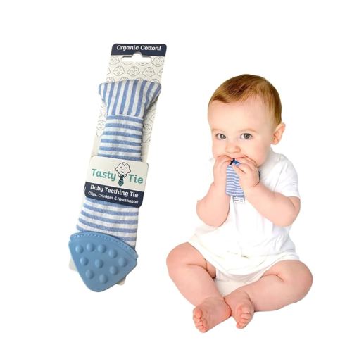 Tasty Tie Teething Tie, 3-in-1 Clip-on Baby Tie Crinkle Toy & Silicone Teether for 3-6-9-12-18 Month Babies | GOTS Certified Organic Cotton | Unique Baby Boy Gift or Stocking Stuffer, Seersucker Style