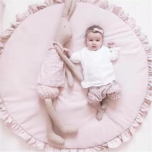 Soft Pink Cotton Baby Play Mat - Frilly Round Rug & Teepee Tent for Nursery Floor, Kids Room Carpet Decor, 39.3"