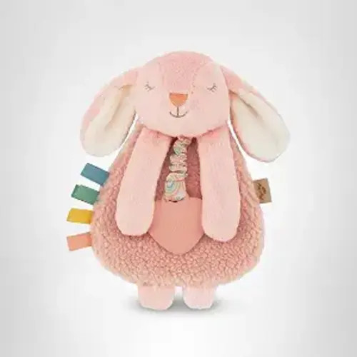 Itzy Ritzy - Itzy Lovey Including Teether - Baby Lovey with Teether, Textured Ribbons & Dangle Arms - Features Crinkle Sound, Sherpa Fabric and Minky Plush (Pink Bunny)