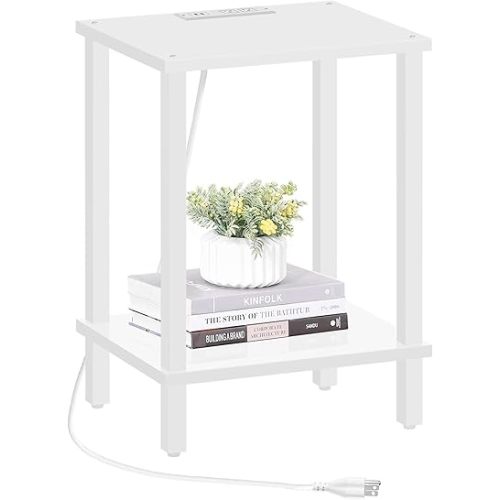 TUTOTAK End Table with Charging Station, Small Side Table with Outlets, Nightstand Bedside Table, 2-Tier Storage Shelf for Small Space, Living Room, Bedroom, White TB01BW040