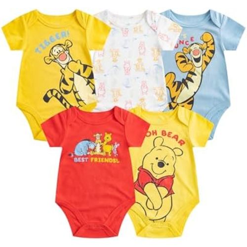 Disney Mickey Mouse, Lion King, and Winnie the Pooh Baby Boys 5 Pack Bodysuits for Newborn and Infants