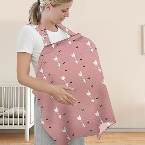 Nursing Cover for Mom Breastfeeding, Baby Privacy Nursing Covers Up Breathable Cotton with Ajustable Hoop for Mother (Pink)