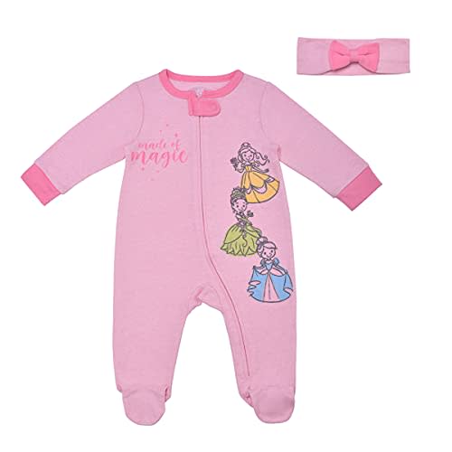 Disney Princess Girls’ Long Sleeve Footed Romper Coverall With Bow Headband for Newborn – Pink/White