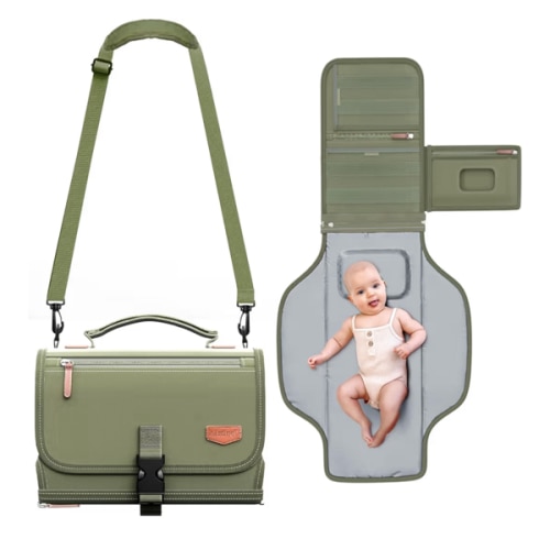 Portable Diaper Changing Pad with Shoulder Strap, Detachable Travel Changing Pad with Baby Wipes Pocket, Gifts for Baby Shower, Newborn Girls and Boys (Army Green)