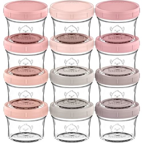 KeaBabies 12pk 4oz Glass Baby Food Containers with Lids - Leak-Proof, Microwavable Small Glass Jars, Baby Purees & Toddler Snack Storage Containers, BPA-Free, Dishwasher & Freezer Safe (Roseate)