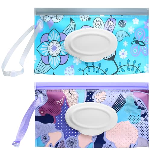 Baby Wipes Dispenser, 2 Pcs Travel Baby Wipe Holder, Refillable Baby Wet Wipe Pouch, Reusable Baby Wipes Container, Portable Wipe Dispenser, Wipe Bags for Travel, blue purple Floral