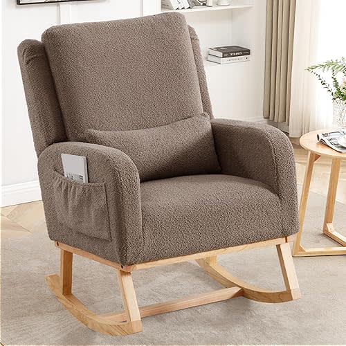 Rocking Chair Nursery,Sherpa Nursing Rocking Chairs, Upholstered Nursery Glider Rocker Wingback Morden Rocking Chair with Lumbar Pillow for Mom Nursery, Living Room, Bedroom, Teddy Coffee