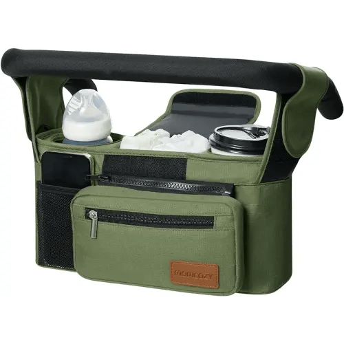 Momcozy Universal Baby Stroller Organizer, 2 Insulated Cup Holder, Detachable Zippered Pocket, Adjustable Shoulder Strap, Large capacity for baby essentials, Compact Design Fits Any Strollers