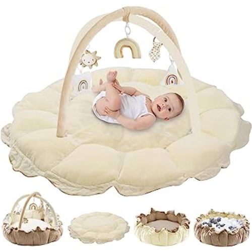 5-in-1 Convertible Baby Play Gym with 6 Toys, Tummy Time Mat for Sensory Development, Baby Activity Center from Newborn to Toddler, Ball Pit, Cat & Dog Bed, Soft Plush Pet Bed, No Ball Included Cream