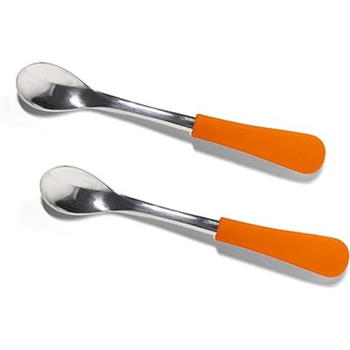 Avanchy Infant Baby Spoons Stainless Steel and Silicone Set, Self Feeding Food Utensils, 4 Months Baby Led Weaning, 2 Pack, Orange
