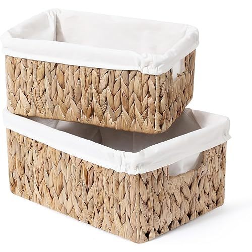Wicker Basket, Wicker Storage Basket for Organizing, Decorative Water Hyacinth Baskets for Shelves with Liners, Rattan Woven Baskets with Built-in Handles, Seagrass Storage Basket, Set of 2