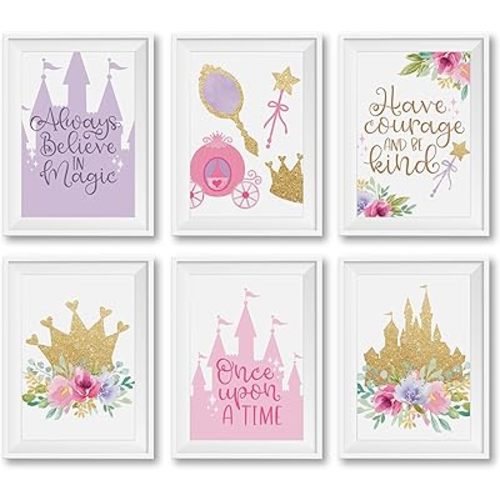 Hadley Designs 6 Reversible 8x10 Princess Wall Decor Prints, Princess Room Decor for Girls Bedroom, Pink And Gold Princess Party Decorations For Wall Art, Unframed Pink And Gold Decor For Girls Room