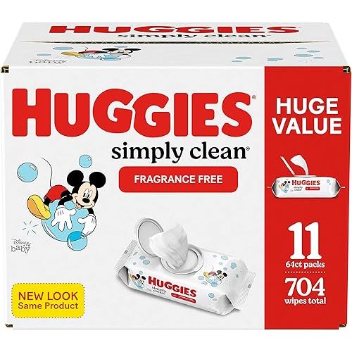 HUGGIES Simply Clean Baby Wipes Flip Lid Packs 704 Wipes Total, White, Unscented, 11 Count