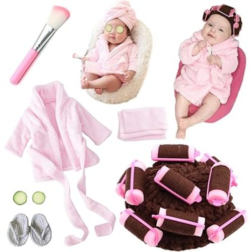 SPOKKI Newborn Photography Props 7 PCS Newborn Girl Photoshoot Outfits Babies Robe Props with Bath Towel Slippers Cucumber Curler Hat Makeup Brush for Infant Boys Girls