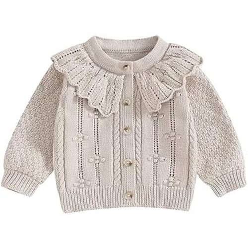 Baby Girls Knitted Cardigan Sweater Doll Collar Crochet Button Closure Cardigan Outerwear