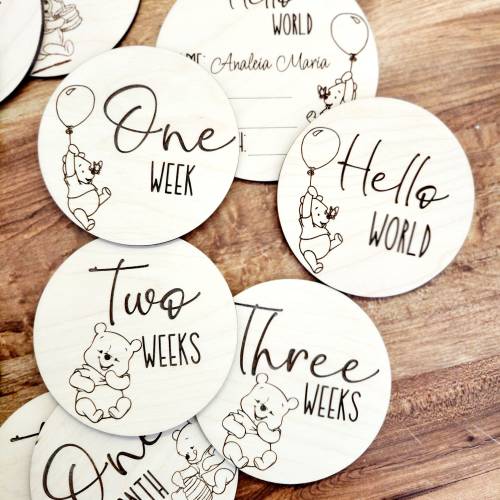 Winnie The Pooh Personalized Baby Month and Week Milestone Wood Disc Card
