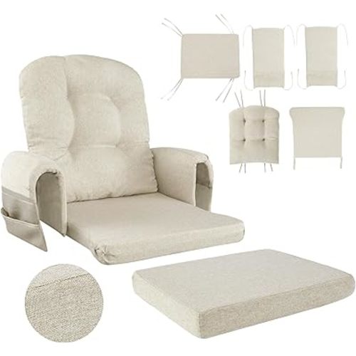 HOMBYS 5 PCS Glider Rocker Replacement Cushions with Storage Side Pocket,Linen-Like Fabric, Foam & Microfiber Filling, Non-Slip & Washable,Thickened & Supportive for Glider Rocking Chair, Khaki