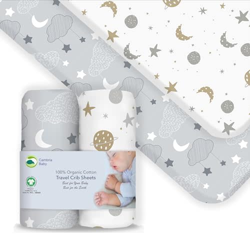 100% Organic Cotton Fitted Travel Crib Sheets, Perfectly Compatible with Guava Lotus, BabyBjorn and All mattresses 22-26" Wide by 40-44" Long. Strap Holes in Corners. 2 Pk (Space/Night Sky)