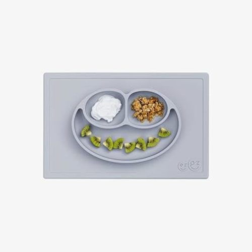ezpz Happy Mat - 24 Months+ (Gray) - 100% Silicone Suction Plate with Built-in Placemat for Toddlers + Preschoolers - Divided Toddler Plates - Toddler Essentials