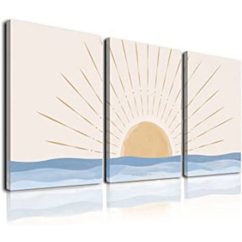 Boho Wall Art Set of 3, Neutral Geometric Sun Rising on the Sea Minimalist Art Framed Canvas Prints Artwork, Mid Century Modern Boho Sun Wall Art Decor for Bathroom, Bedroom, Living Room, Office