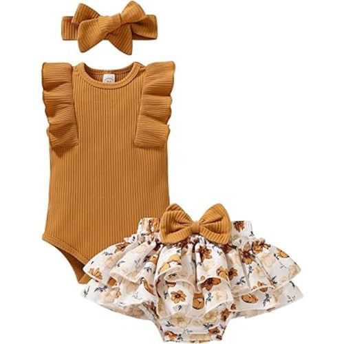 Tiny Cutey Baby Girl Clothes Infant Summer Outfits Set Ruffle Sleeve Romper and Floral Shorts with Headband