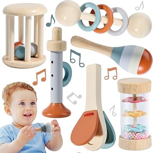 Montessori Mama Baby Rattle and Musical Set, 6 Piece Wooden Infant Toy