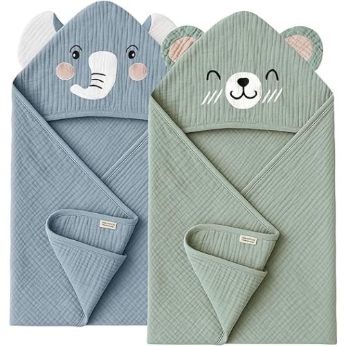 Konssy 2-Pack Muslin Baby Hooded Towels, Soft Cotton and Absorbent Baby Bath Towels for Newborn, Infant & Toddler with Animal Hooded Design (Elephant & Bear)