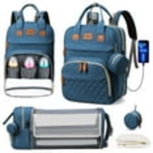 Diaper Bag Backpack, Multifunction Diaper Bag Backpack With Changing Station, USB Charging Port & Foldable Crib, Large Capacity Travel Backpack w/Sunshade&Pacifier Case&Stroller Straps(Blue)