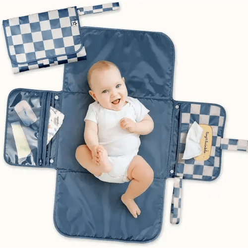 Tiny Twinkle Portable Diaper Changing Pad | Foldable, Waterproof & Compact Travel Changing Mat with Storage | Smart Wipes Pocket for On-The-Go Parents | Newborn Shower Gift (Blue Checkers)