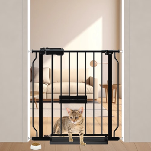 Fairy Baby Baby Safety Gate with Cat Door,24"-29" Extra Wide Pressure Mount Pet Gate Black Metal