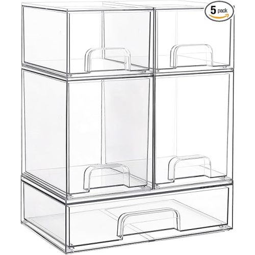 Vtopmart Stackable Storage Drawers Set of 5, Clear Plastic Organizer Bins for Beauty Supplies,Ideal for Vanity, Bathroom,Cabinet,Pantry Organization