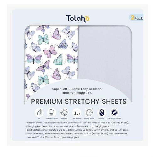 TotAha Premium Soft Pack n Play Sheets, Super Stretchy Jersey Knit Mini Crib Sheets Fitted, Silky Comfort Graco Pack and Play Mattress Sheets 2-Pack, Purple Butterfly
