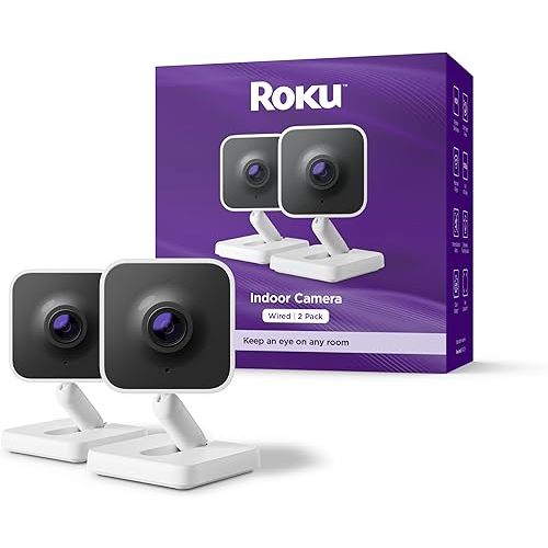 Roku Indoor Camera - Home Security - 2-Pack - Wired Security Camera & Pet Monitor with 1080p HD Color Night Vision, Works with Alexa & Google, Motion & Sound Detection, WDR & WiFi 6