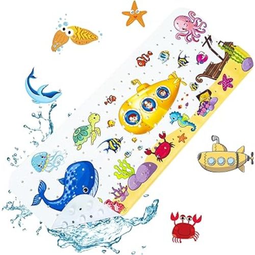 Kids Bath Mat with Ocean Theme Design, 40x16 inches, Non-Slip with 200 Suction Cups, Cartoon Sea Animals Pattern (Whale + Submarine, 40 * 16in)