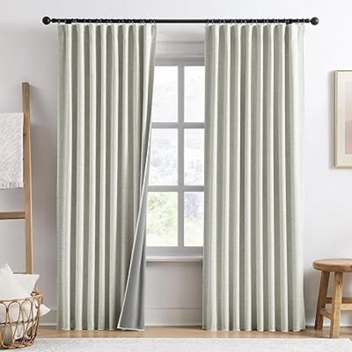 94 Inch Long Blackout Curtains 2 Panels,Pleated Back Tab Rod Pocket with Hooks,Solid Rustic Heat Reflective Linen Textured Dark Out Darkening Curtains for Living Room 50W x 94L Natural Cream