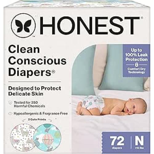 The Honest Company Clean Conscious Diapers for Sensitive Skin | Up to 100% Leakproof | Hypoallergenic, Fragrance Free | Gender Neutral | Club Box, Size Newborn, 72 Count (Prints May Vary)