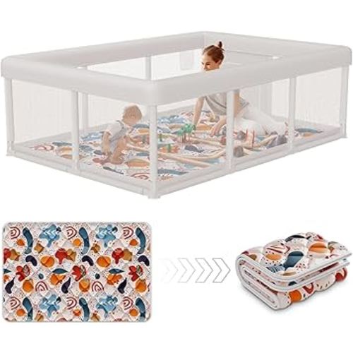 Baby Playpen 74x50 in PlayPen for Babies and Toddlers, Large Play Yards for Indoor & Outdoor with Zipper Gates, Breathable Mesh with Mat